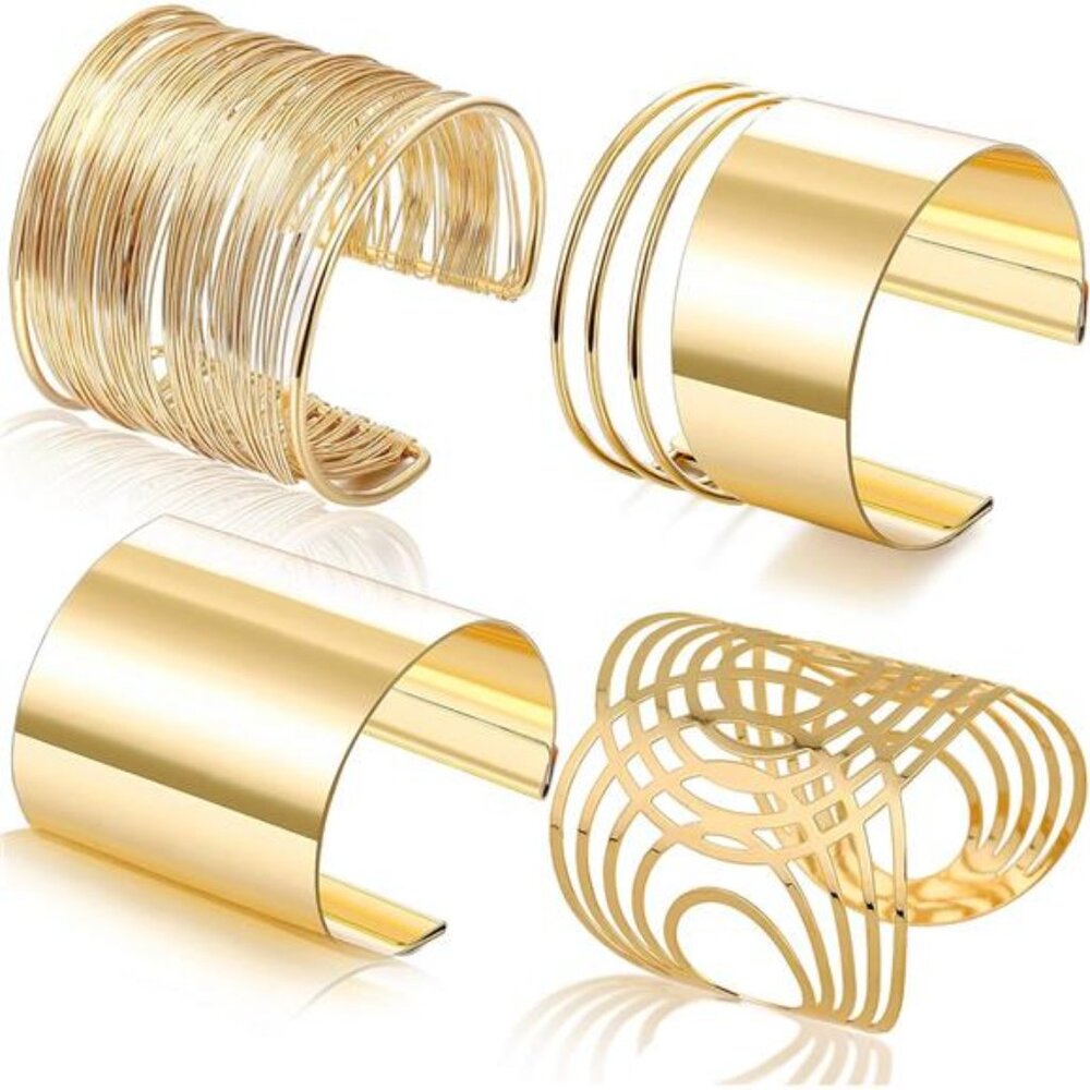 4 Pcs Cuff Bangle Bracelet for Women Open Wide Wire Bracelets Gold Wrist